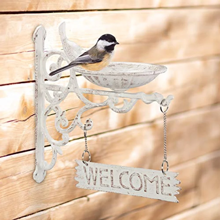 Relaxdays Vogeltränke Gusseisen, Welcome Schild, Gartendeko, Wandmontage, Vintage, Wasserschale für Wildvögel, weiß – Bild 2