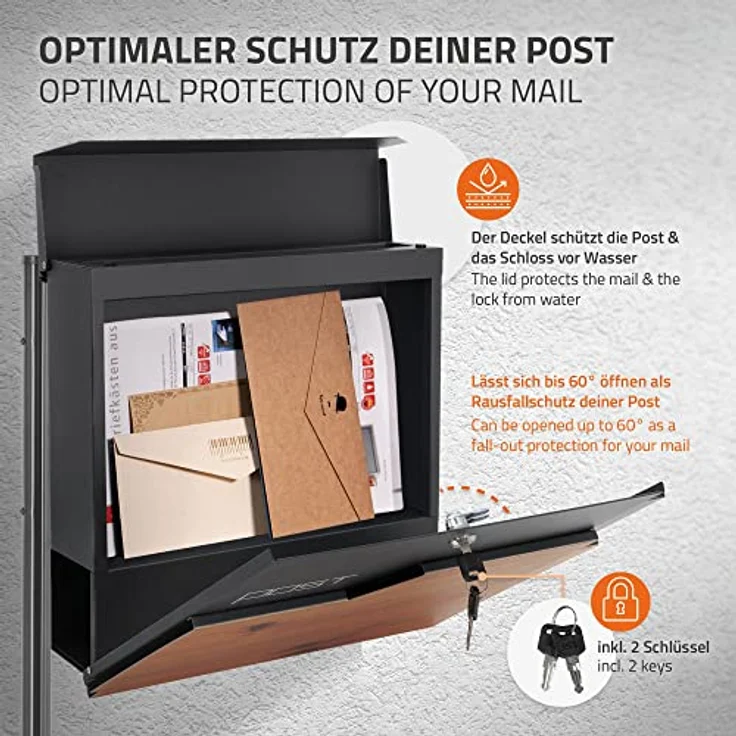 ECD Germany Standbriefkasten mit Zeitungsfach, Design Briefkasten mit Pfosten, Briefkastenanlage, Briefkastenständer Silber 120 cm Edelstahl, Postkasten Anthrazit-Holzoptik Edelstahl pulverbechichtet – Bild 3
