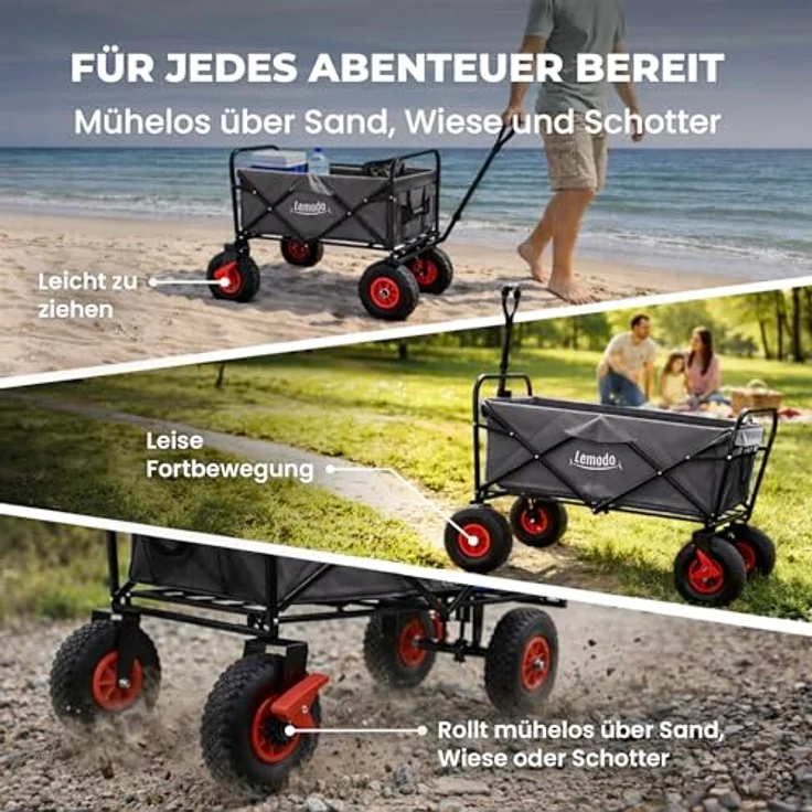 Lemodo Bollerwagen Faltbar mit Luftreifen, 120 kg Tragkraft, klappbarer Handwagen in grau für Strand, Camping & Garten – Bild 5