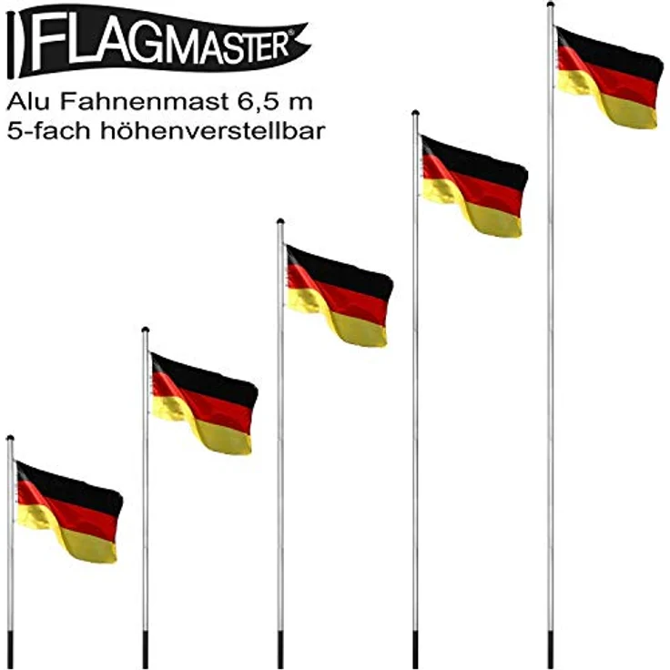 FLAGMASTER Teleskop Fahnenmast Aluminium 6,50m, 5-fach höhenverstellbar mit 30 verschiedenen Fahnen, Komplettset mit Bodenhülse – Bild 3