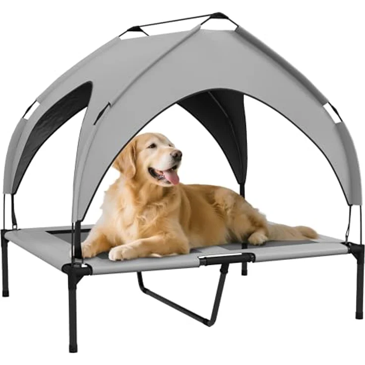 PawHut Erhöhtes Hundebett mit Baldachin, Outdoor Hundeliege, Atmungsaktiv, für große Hunde bis 30 kg, Hellgrau Oxford 91 x 76 x 89 cm – Bild 1