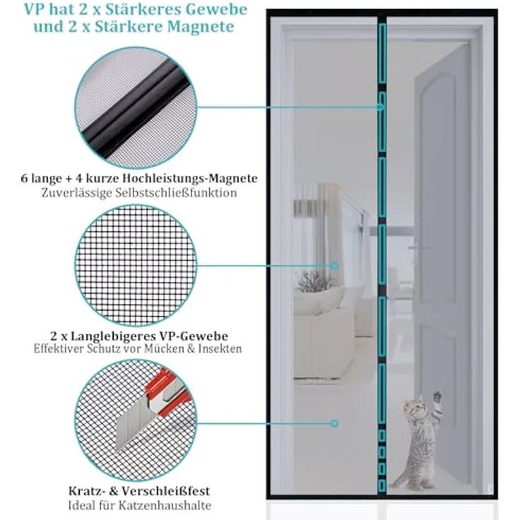 Apalus VP Fliegengitter Tür, Magnet Insektenschutz 110x200 cm, langlebig, katzensicher, starke Magneten, breites Klettband, nicht kürzbar – Bild 2