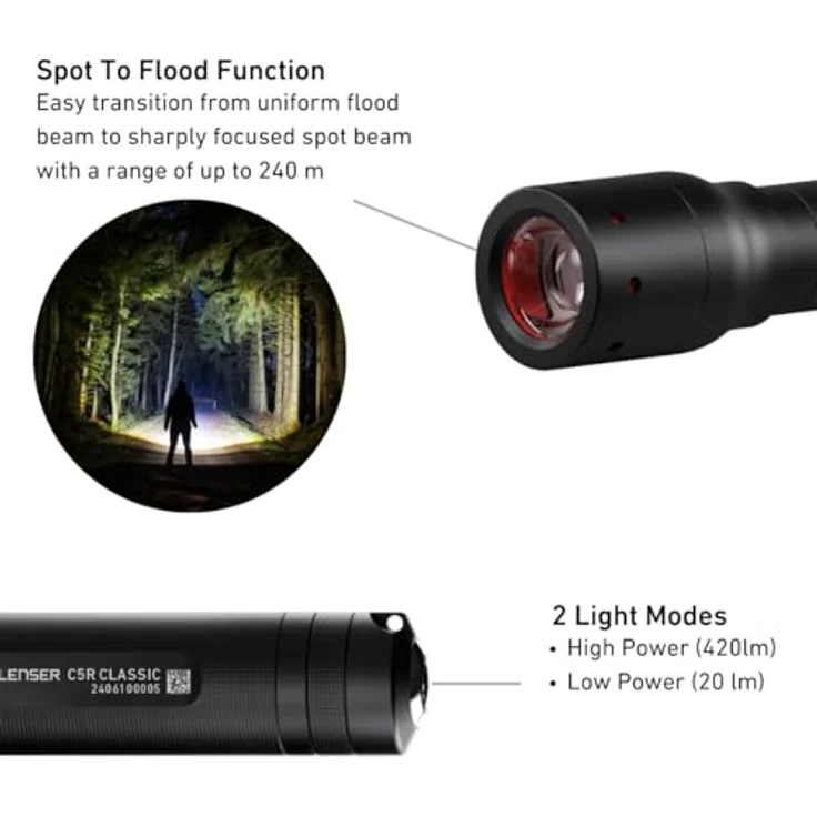 Ledlenser C5R Classic, LED Taschenlampe akkubetrieben mit 420 lm, 15 h Laufzeit, 75 g, Floating Charge System – Bild 2