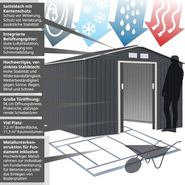 HATTORO S250 Metall Gerätehaus, 7,2 m² mit Satteldach und Bodenrahmen, Dunkelgrau – Bild 4