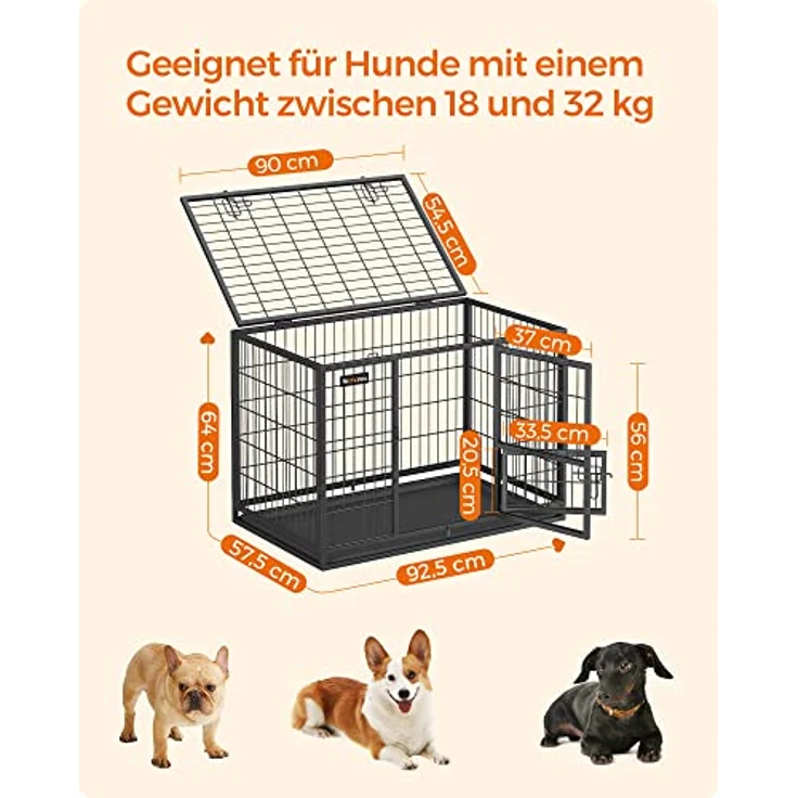 Feandrea Hundekäfig hochbelastbar, Gitterbox, transportabler Haustierkäfig, 92,5 x 57,5 x 64 cm, für kleine, mittelgroße Hunde, sicher, 2 abnehmbare Türen, Welpenauslauf, L, tintenschwarz – Bild 5