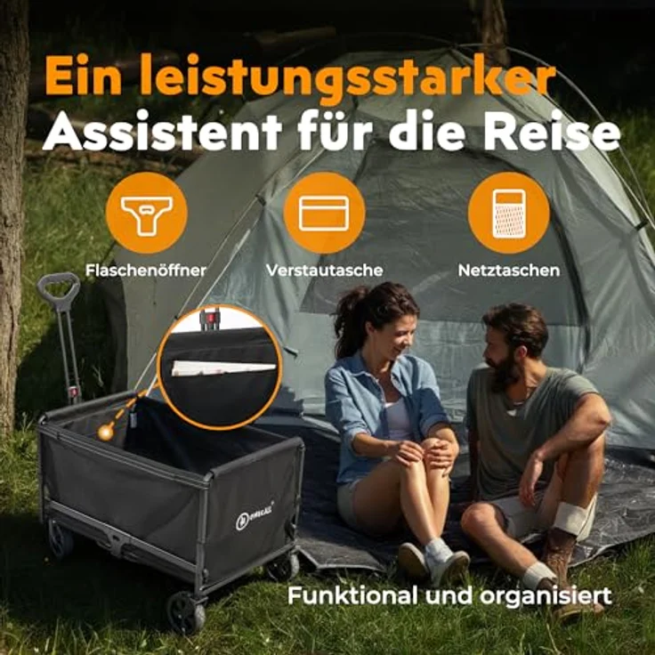 Homecall Bollerwagen Faltbar 120L, Bis 120kg mit Regenschutz und Reflektorstreifen, Blau – Bild 3