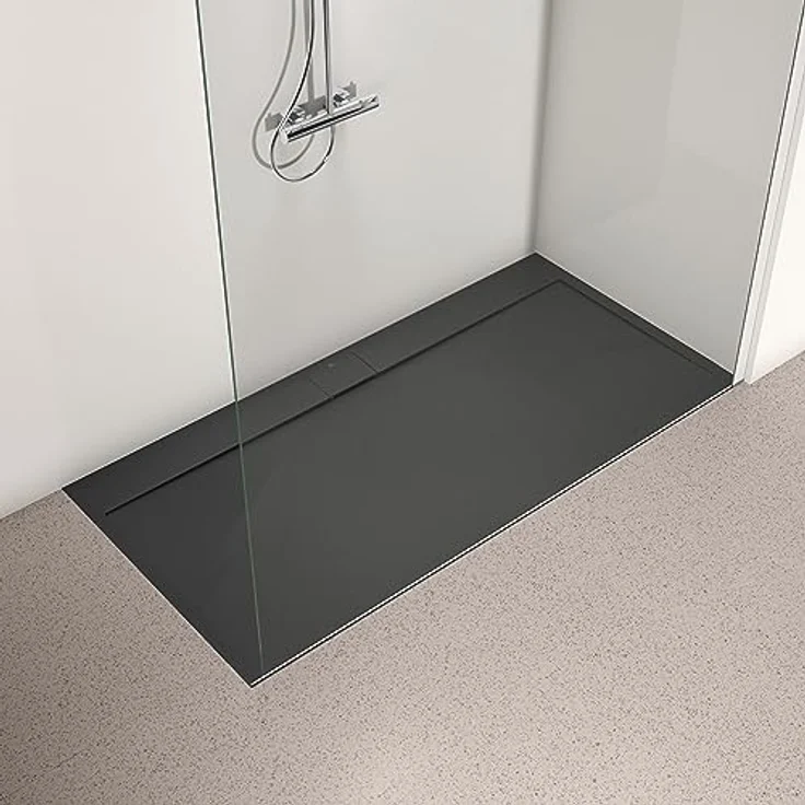 Ideal Standard Ultra Flat S i.life Duschwanne 180x90 aus Kunstharz, rutschfest in Steinoptik, schwarz matt, Ablaufgarnitur lange Seite, ultradünnes Design – Bild 4