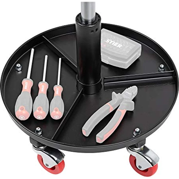 STIER Rollhocker für die Werkstatt, höhenverstellbar 380-510 mm, Drehhocker mit gepolsterter Sitzfläche und 360°-Werkzeugablage, stabile Bauweise, 5 Rollen – Bild 3