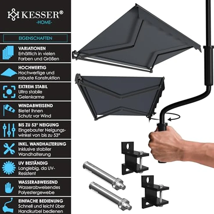 KESSER® Gelenkarmmarkise 250 x 200 cm, wasserabweisende Terrassenmarkise aus Aluminium und Polyester in Anthrazit mit Wandhalterung und individuell einstellbarem Neigungswinkel – Bild 2