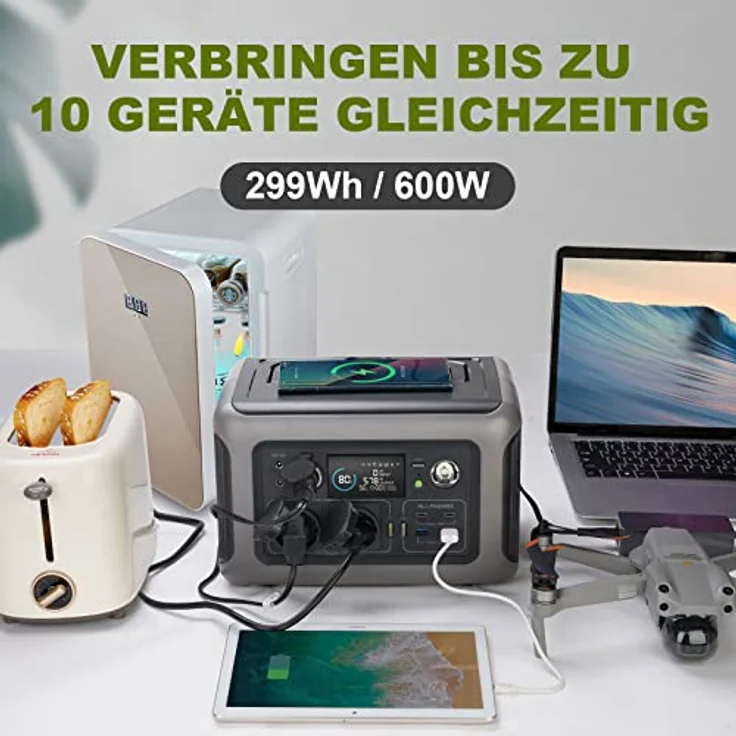 ALLPOWERS R600 Tragbare Powerstation, 299Wh LiFePO4 Batterie mit 2x 600W (1200W Spitze) AC Ausgang Solargenerator, 0-100% Schnellladung in 1 Stunde für Garten Party Reise Camping Wohnmobil Notfall – Bild 3