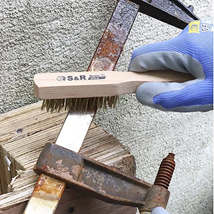 S&R Drahtbürste Handdrahtbürste Set 3-tlg, Drahtbürsten mit Holzgriff, für Metall, Holz, Grill, Industriebürste (Edelstahl 290mm + 2x Messingbürsten 290mm und 180mm) – Bild 4
