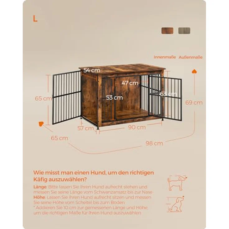 Feandrea Hundekäfig Möbel, Beistelltisch, Hundebox für 32 kg Hunde, vintagebraun, 2 Türen, geschlossener Boden – Bild 5
