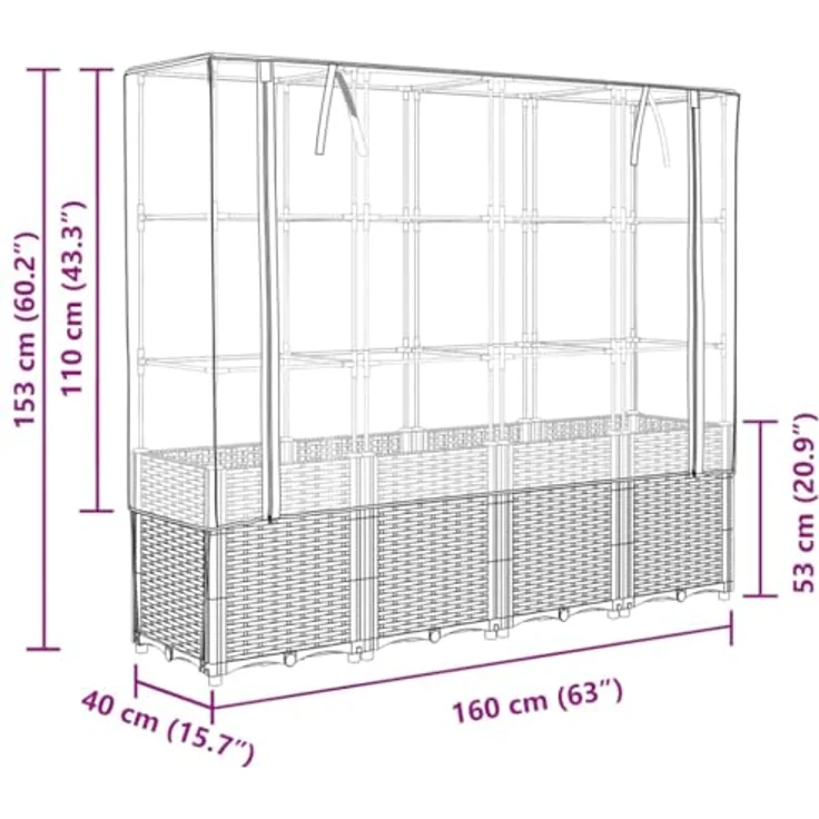 vidaXL Hochbeet mit Gewächshaus-Aufsatz Rattan-Optik 160x40x153 cm, Stabiler Rahmen, wasserfeste Abdeckung, Rattan-Look – Bild 3