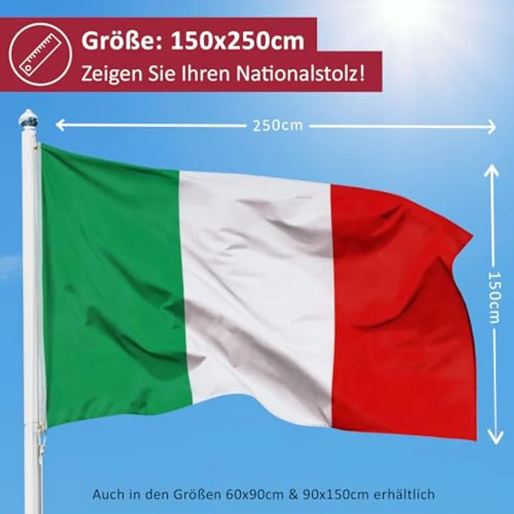 Aricona Italien Flagge 250x150cm, wetterbeständige Fahne aus 100% Polyester mit Messingösen, robuste Doppelnaht und lebendige Farben – Bild 2
