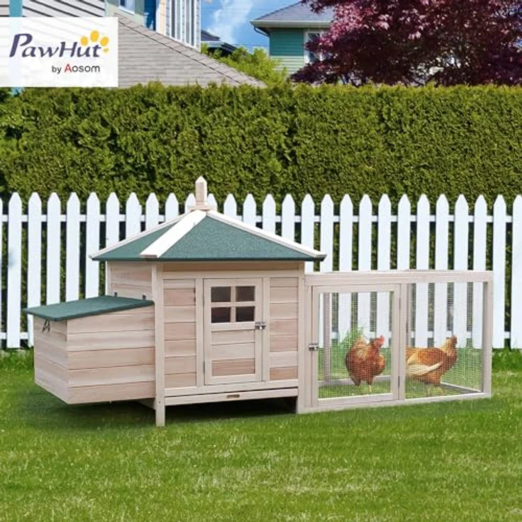PawHut Hühnerstall mit Auslauf, Nistkasten, Stange, aus Kiefernholz, für Zwerghühner, Natur – Bild 2
