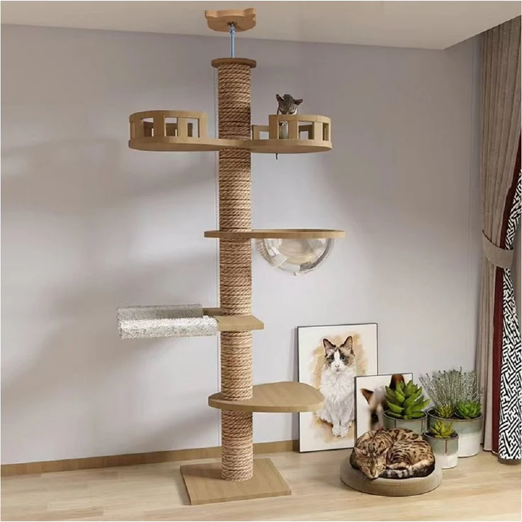 RAIKOU Kratzbaum Katzenhöhle, Etagenboy,Cat Tree, Sisal-Seil, Kratzstange, Stabil, 250cm, Holzfarben