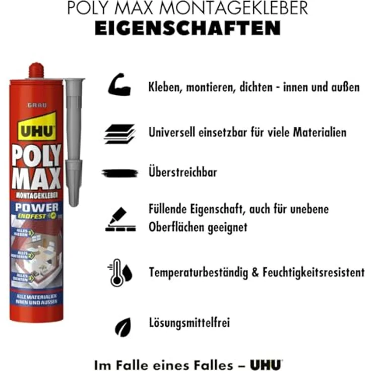 UHU Poly Max Montagekleber Power, universeller Dichtkleber in Grau, 425 g Kartusche, wasserfest und witterungsbeständig – Bild 3