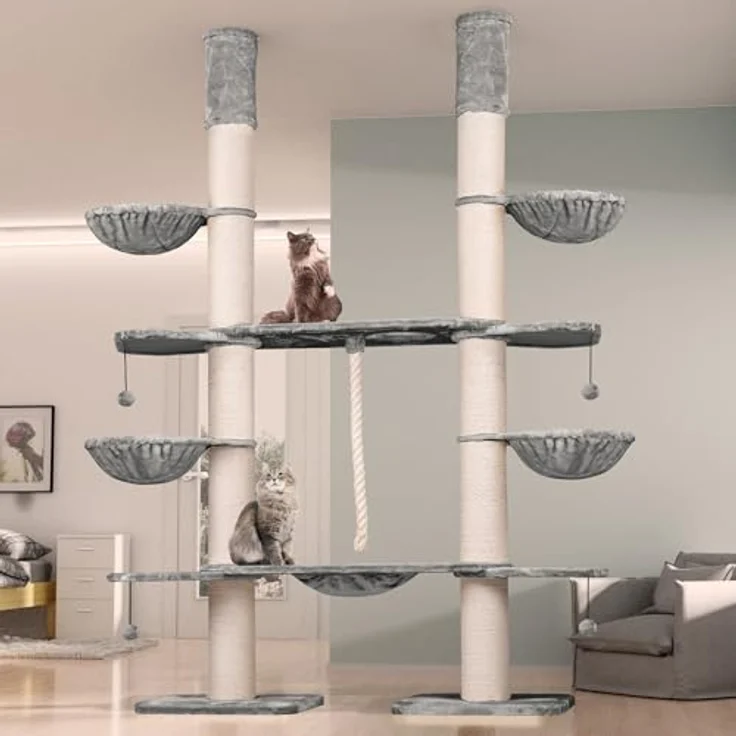 HAPPYPET XXL Kratzbaum-Landschaft, 2-in-1 Aktivitäts- und Sisal-Paradies, 280cm hoch, für große Katzenrassen, Premium Plüsch, stabiler Deckenspanner – Bild 2
