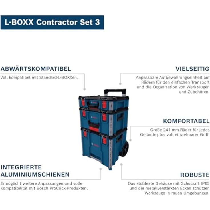 Bosch L-Boxx Contractor 3 in 1, Rollende Werkzeugkiste mit schlagfestem Gehäuse, wetterfestem Schutz IP65 und integrierten Aluminiumschienen – Bild 3