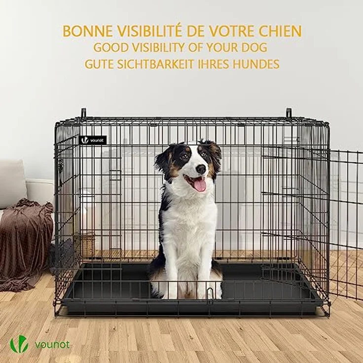 VOUNOT Hundekäfig Klappbar mit Abdeckung, Hundebox Auto Hundetransportkäfig mit Doppeltüren, 2 Transportgriffen & Bodenschale, XL 107 x 70 x 78 cm, Schwarz – Bild 2