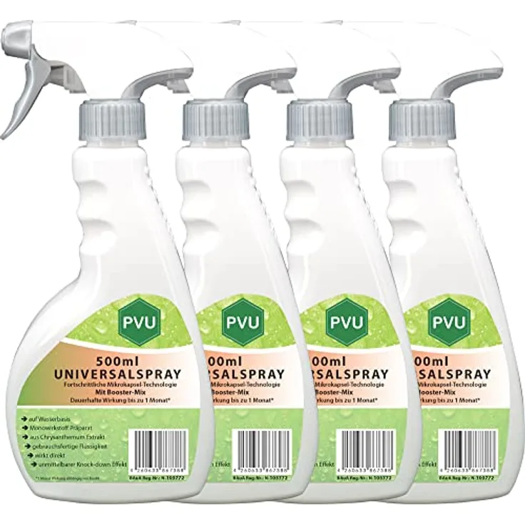 PVU Universal Insekten Spray 4x500ml Mit Booster Mix gegen Insekten & Ungeziefer Innen und Außen auf Wasserbasis, Hochwirksames Insekten-Spray aus reinem Chrysanthemum Extrakt - Formuliert in Deutschland
