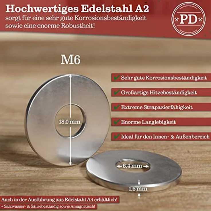 PD® große Unterlegscheiben M6 A2 (DIN 9021 / ISO 7093), rostfreie Edelstahl-Karosseriescheiben mit großem Außendurchmesser, 10 Stück – Bild 3