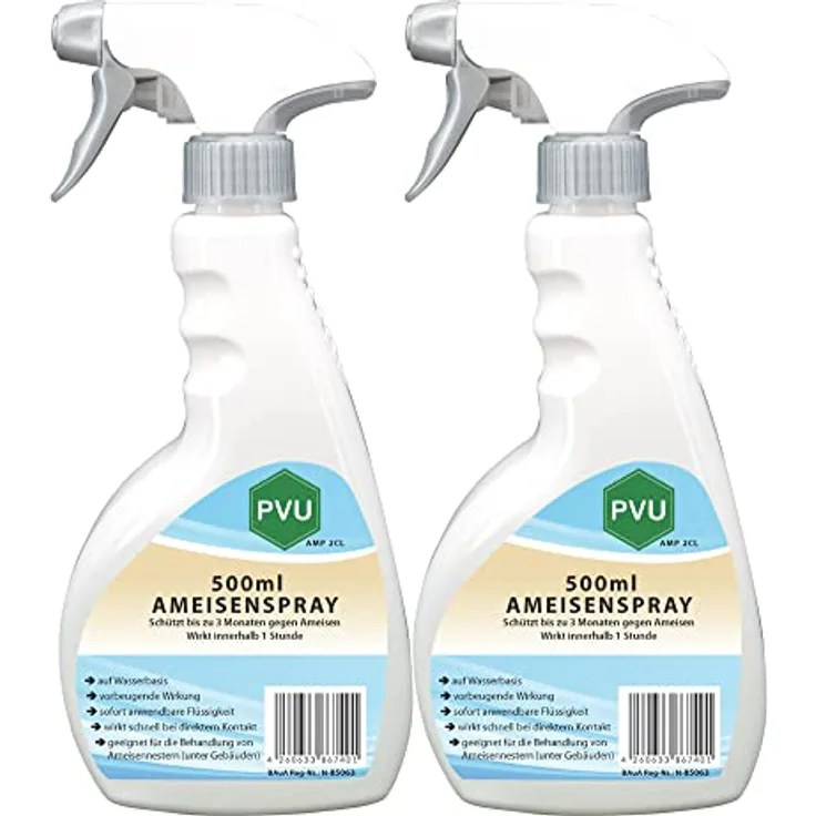 Pvu Ameisenspray 2x500ml | Mittel gegen Ameisen Innen & Aussen | Ameisengift flüssig auf Wasserbasis | Geruchlose Ameisenbekämpfung