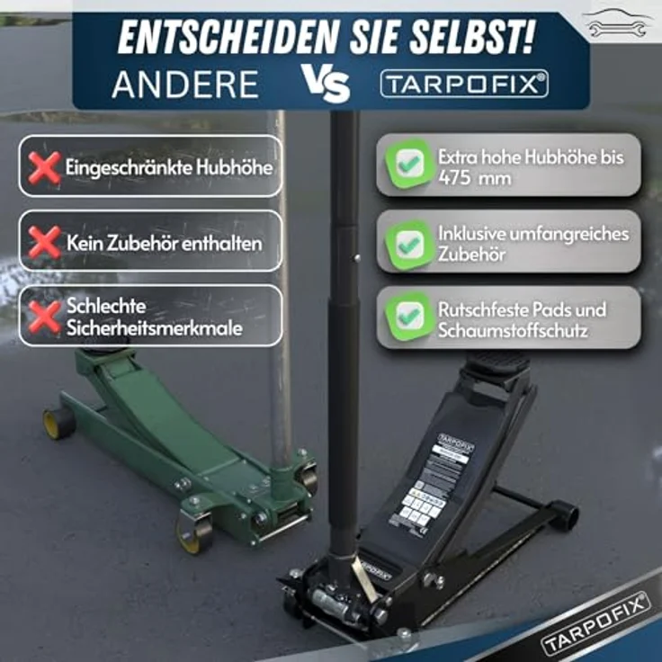 Tarpofix Hydraulischer Wagenheber 3T, flach für Auto & SUV, Hubhöhe 85 - 475 mm, inkl. Gummiauflage & Handschuhe – Bild 7