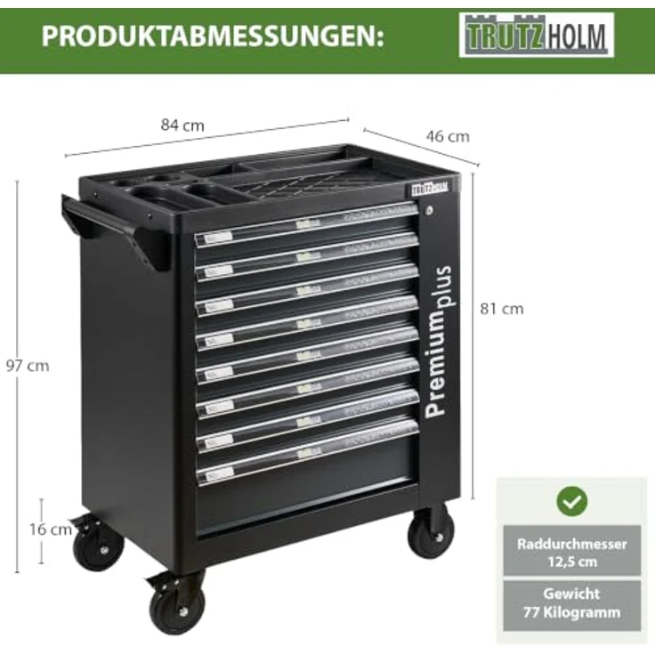 TRUTZHOLM Werkstattwagen Premium XXL, 254-tlg. CRV Werkzeugset auf Rollen, abschließbar, 8 Schubladen, schwarz-anthrazit, 840mm Breite – Bild 2
