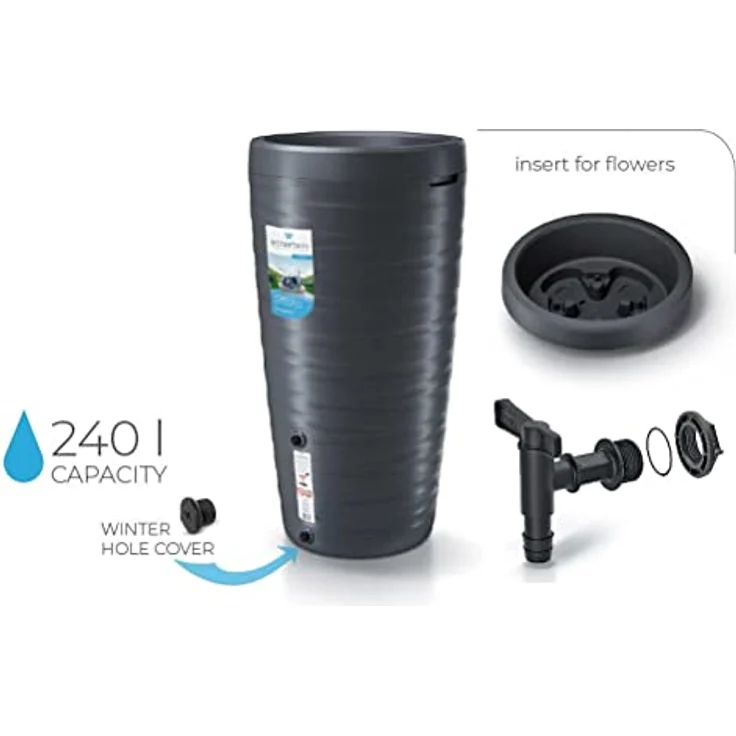 Spetebo Design Regentonne 240 L mit Wasserhahn - anthrazit - Regentank mit Pflanzschale als Deckel - Kunststoff Wasser Tonne Regen Tank Blumen Pflanzen Kübel wetterfest frostsicher – Bild 2