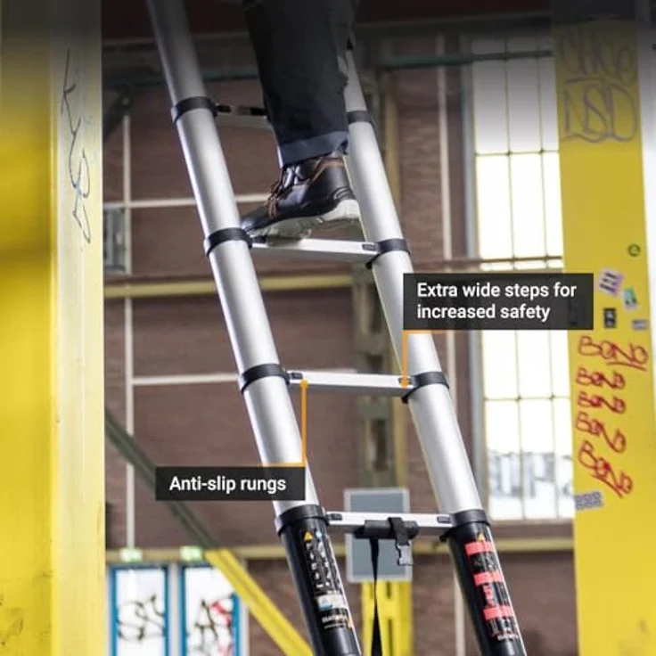 Batavia Giraffe Air Teleskopleiter, 14 Tritte, maximale Belastbarkeit 150 kg, Aluminium, mit patentiertem Rückzugssystem und integrierter Anstellwinkelanzeige – Bild 2