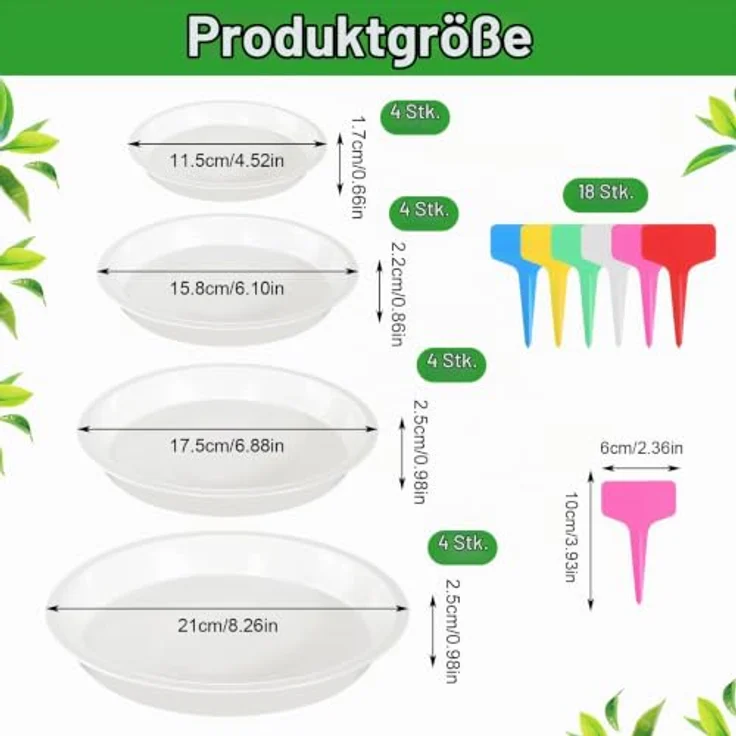 HFDONGL Blumentopf Untersetzer, 16 Stück Kunststoff rund mit wasserdichtem Design, Weiß, inklusive 18 Etiketten für Innen- und Außenpflanzen – Bild 2