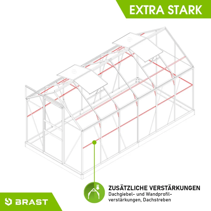 BRAST Gewächshaus Aluminium 380x190x195cm Grün mit Fundament rostfrei TÜV geprüft Alu Treibhaus Glashaus Tomatenhaus – Bild 10