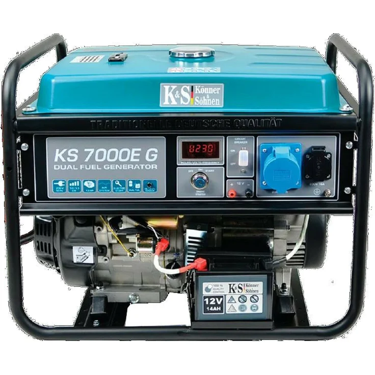 Könner & Söhnen KS 7000E G Hybrid Stromerzeuger 5500 Watt, DUAL FUEL Benzin / LPG, E-Start, 1x16A (230V), 1x32A (230V), 12V, Automatischer Voltregler(AVR), Anzeige (Volt - Hz - Arbeitszeit), Generator, 100% Kupfer – Bild 1