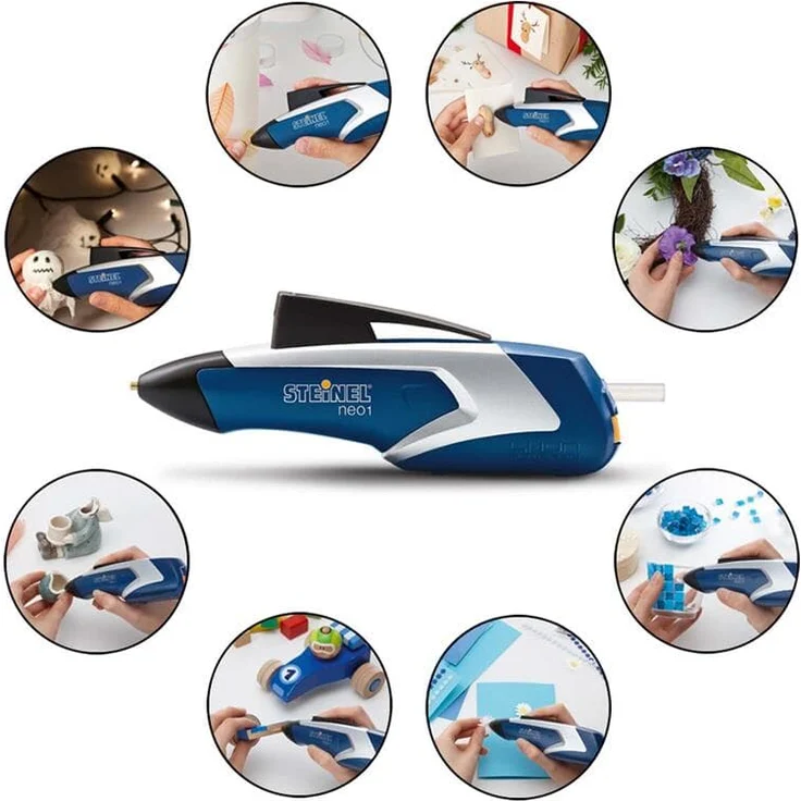 Steinel Neo1 blau Klebepistole, Akku-Heißklebestift, 3,6 V inkl. 3 Klebesticks 7 mm Durchmesser Tropfschutz, Auto-Abschaltung, automatischer Klebstoff-Rückzug – Bild 2