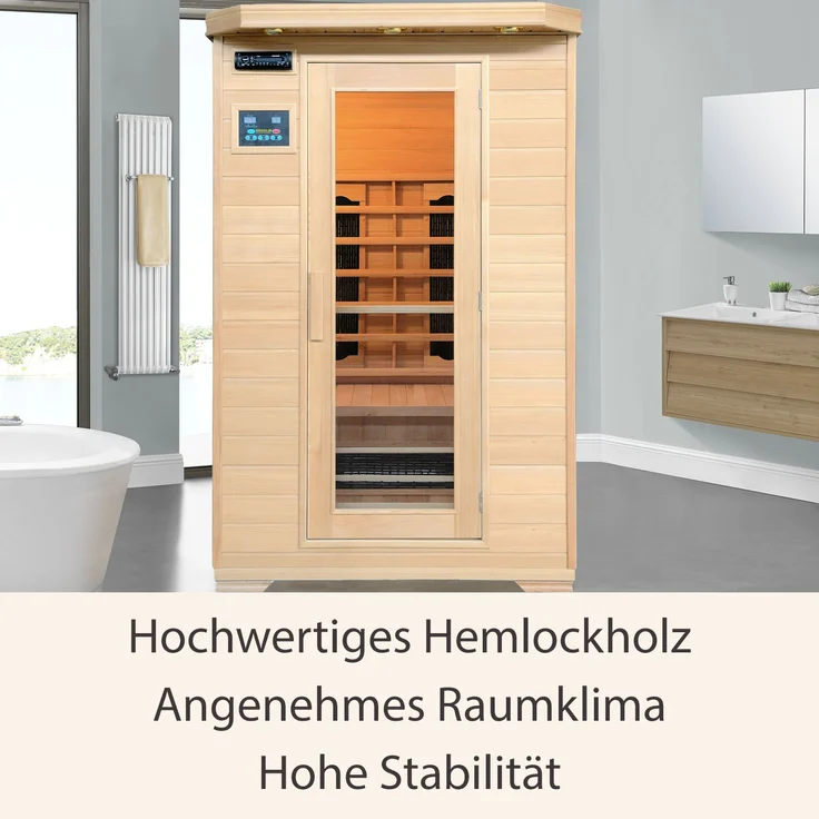 Artsauna Infrarotkabine Oslo – Keramikstrahler Infrarotsauna für 2 Personen – LED-Farblicht, digitale Steuerung – 120 x 100 cm – Hemlock-Holz – Bild 3