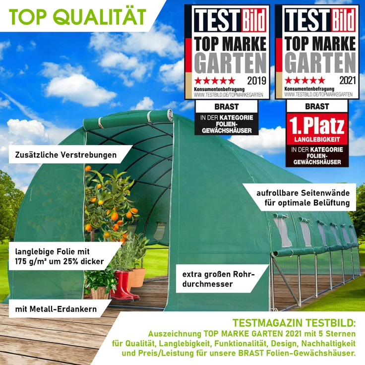 BRAST Gewächshaus Foliengewächshaus 300x600cm inkl. 4 Erdanker mit Stahlfundament aufrollbare Seitenwände schwere Qualität Folie 175g/m² – Bild 5