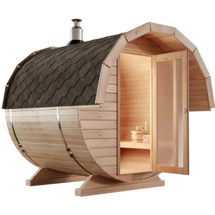 FinnTherm Fasssauna Samantha 2 Sitzbänke aus Holz Sauna Wandstärke 42 mm Außensauna