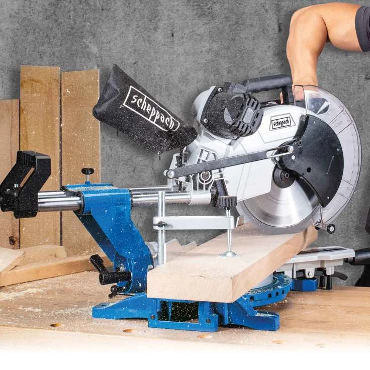 Scheppach HM140L Kapp-Zug-Gehrungssäge mit Laser 2000 W 305 mm 3800 min-1 beidseitig neigbarer Sägekopf mit zweitem Sägeblatt – Bild 4
