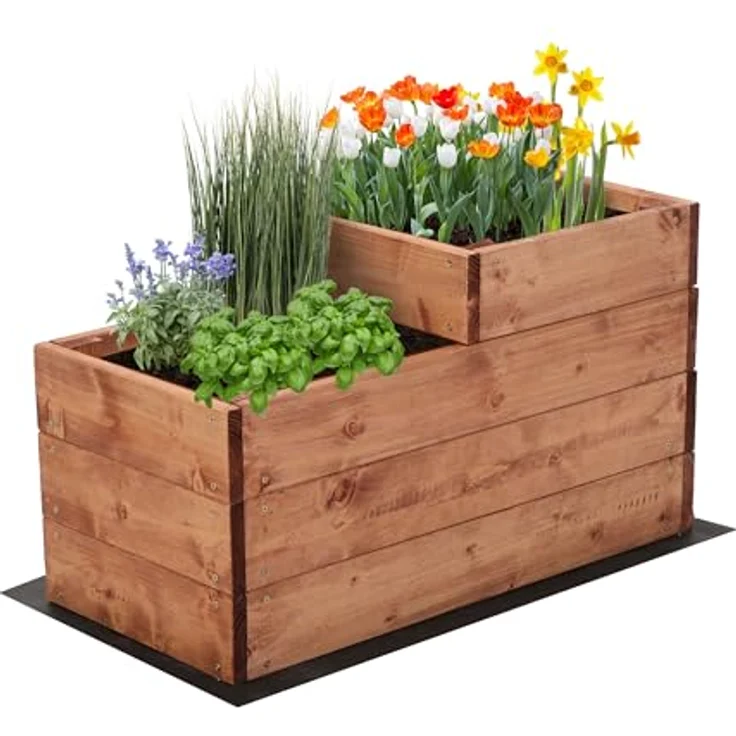 MODO24 Hochbeet Holz, 2-stufiger Pflanzkasten mit Gartenvlies und Schrauben, 36x30x63 cm, Farbe: Braun – Bild 1