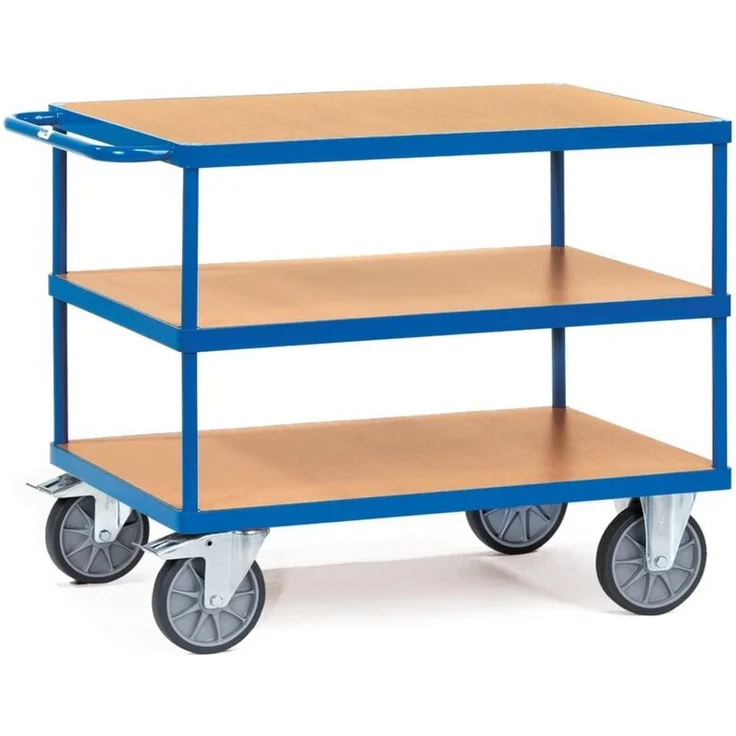 FETRA Tischwagen, 3 Plattformen aus Holz, Tragkraft 600 kg, pulverbeschichtet RAL 5007, Ladefläche 1000 x 600 mm