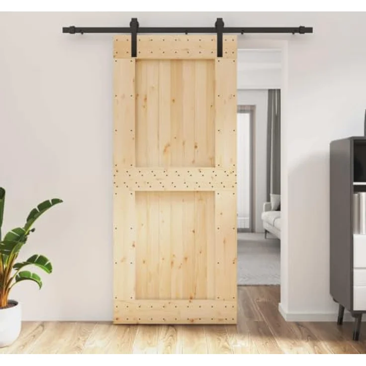 vidaXL Schiebetür 90 x 210 cm, Moderne Schiebetür aus Massivkiefer in Natürlich und Schwarz, Platzsparendes Design für Innenräume – Bild 2