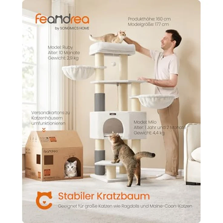 Feandrea Kratzbaum mit selbstwärmenden Decken, für große Katze, 2 Katzenbürsten, 11,1 cm dicke Stämme, große Plattformen, Höhle, 50 x 50 x 160 cm, cremeweiß-beige – Bild 2