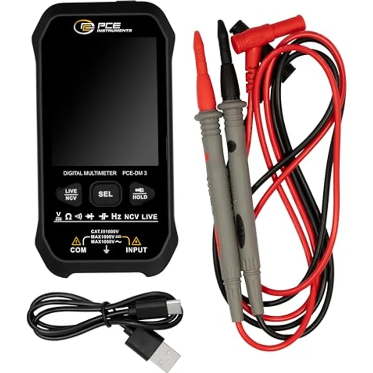 PCE Instruments PCE-DM 3 Hand-Multimeter, digitaler Datenlogger CAT III 1000V, True RMS, 9999 Counts, wiederaufladbarer Lithium-Akku, kompaktes Design mit LC-Display und Taschenlampe – Bild 5