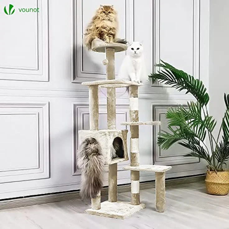 VOUNOT Kratzbaum Katzenbaum Groß XXL, Stabiler Katzenkratzbaum mit Katzenhöhle, Sisal Säule, Plattformen, Raumkapsel, 138cm, Beige – Bild 2