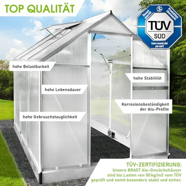 BRAST Gewächshaus Aluminium 190x190x195cm, TÜV geprüft, mit Fundament und 6mm Hohlkammerplatten, rostfrei und wetterfest, Silber – Bild 3