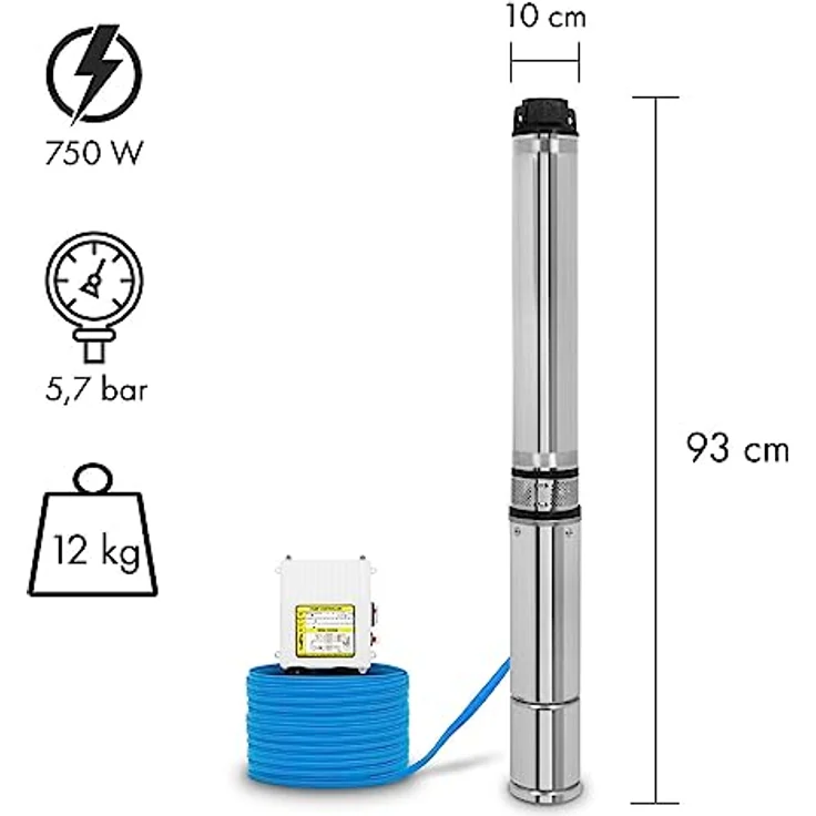 EBERTH 4" Tiefbrunnenpumpe, Edelstahl, elektrisch 750W, Förderhöhe max. 56m, 20m Kabel, Schmutzsieb – Bild 2