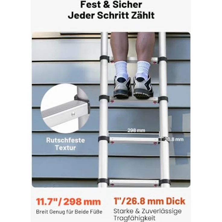 VEVOR Teleskopleiter 3740 mm, Aluminium-Klappleiter mit Ein-Knopf-Auszug, belastbar bis 150 kg, verbreiterte Stufen für sicheren Stand, ideal für Haus, Garten & Dachboden – Bild 3