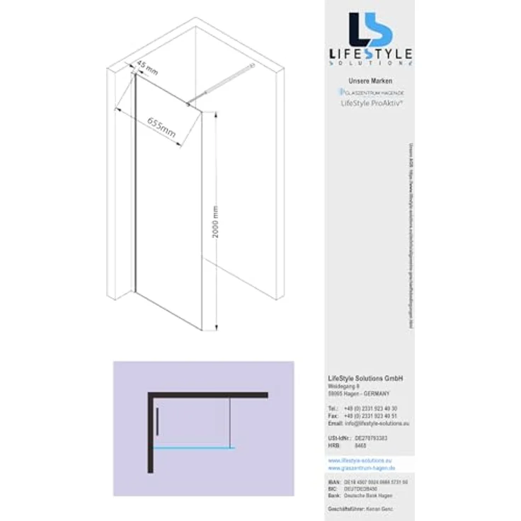 Glaszentrum Hagen Walk-in-Dusche 70x200 cm Klarglas Duschabtrennung - Stabile Alu-Profile, Weiß Eloxiert – Bild 5