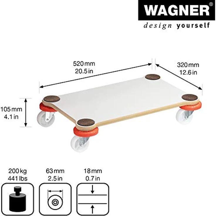 WAGNER Transportroller Möbelhund, Transporthilfe mit 200 kg Tragkraft, 52 x 32 x 10,5 cm, MDF mit Spezialbeschichtung, Anti-Rutsch-Pads, Schutzprotektoren, Made in Germany – Bild 2